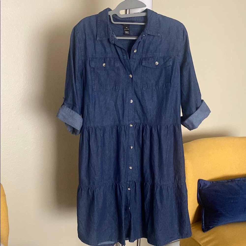 Blue Long Sleeve A-Line Shirt Dress